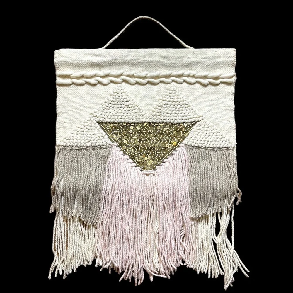 Pier 1 Macrame Woven Tapestry Wall Hanging with Gold Sequin Accents Boho Chunky